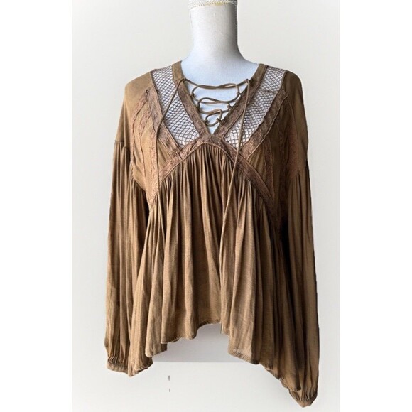 Free People Bell Sleeve Blouse Flowy Peasant Burgundy Brown boho top Size Small - Picture 5 of 14